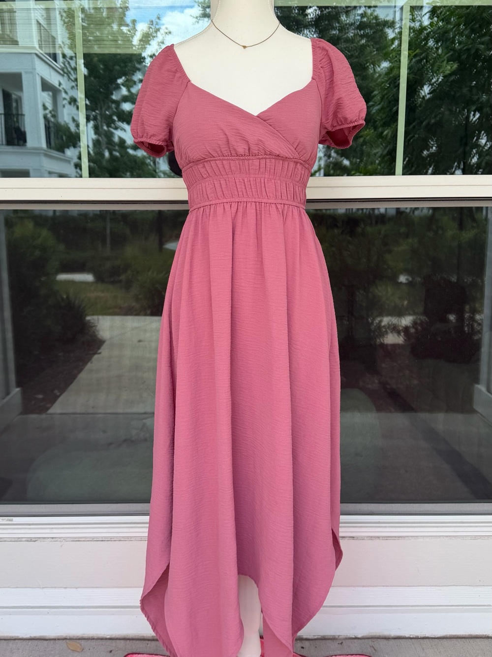 Cottagecore Dusty Rose High-Low Puff pink midi summer Sleeve Dress